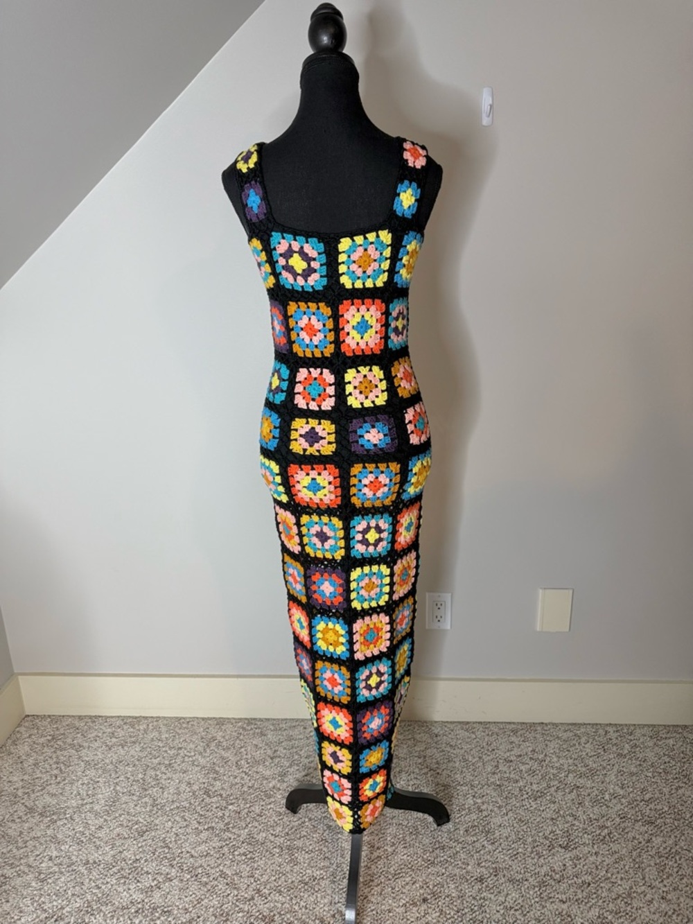 Crochet Knit Granny Square Button Down Maxi Dress Black Sleeveless Boho Medium - Picture 10 of 12